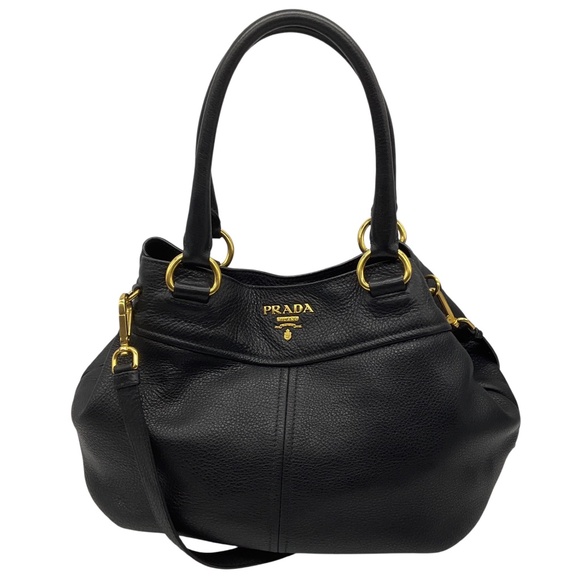 PRADA BLACK NERO / GOLD LOGO PLAQUE VITELLO DAINO HANDBAG - Picture 1 of 15